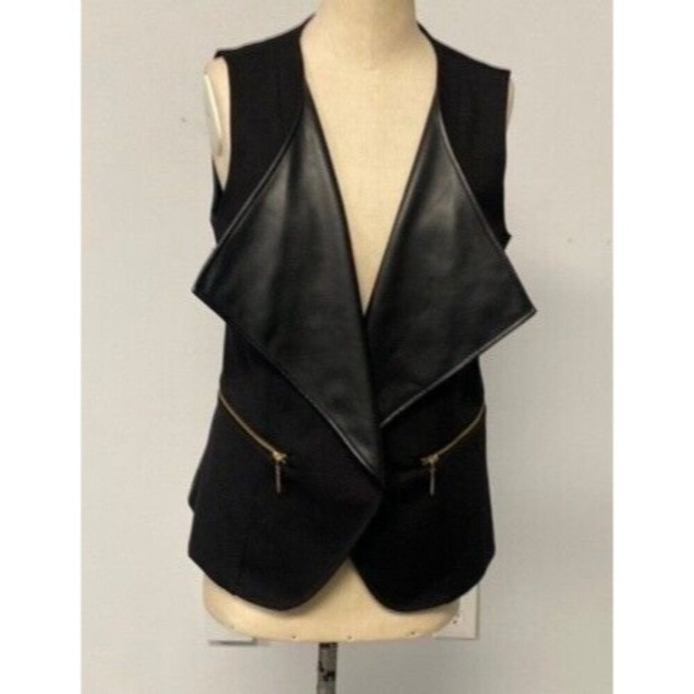 Lena Gabrielle Womens Black Sleeveless Vest Faux Leather Gold Zipper Size 8